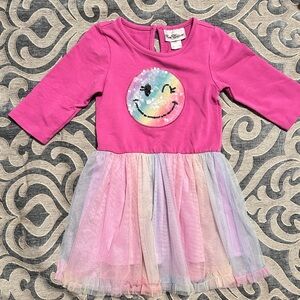 Rare Editions Pink Dress with Sequin Smiley and Pastel Tulle